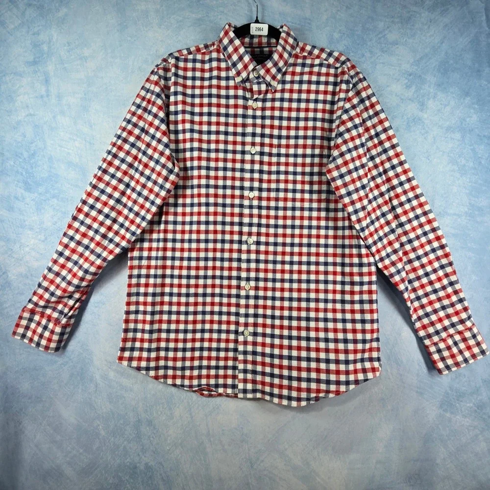 Banana Republic Mens Oxford Standard Fit Gingham Shirt Red White Blue Large